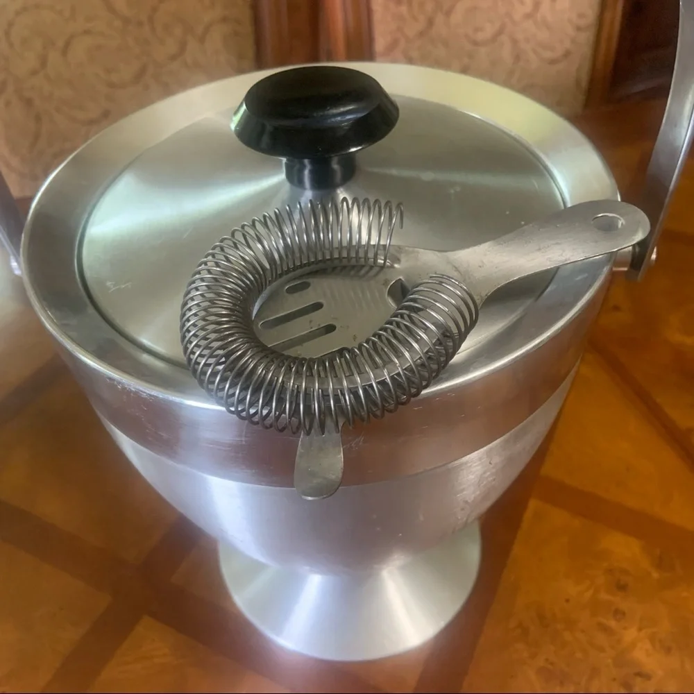 Vintage Mid Century Modern Brushed Stainless Steel Ice Bucket & Strainer